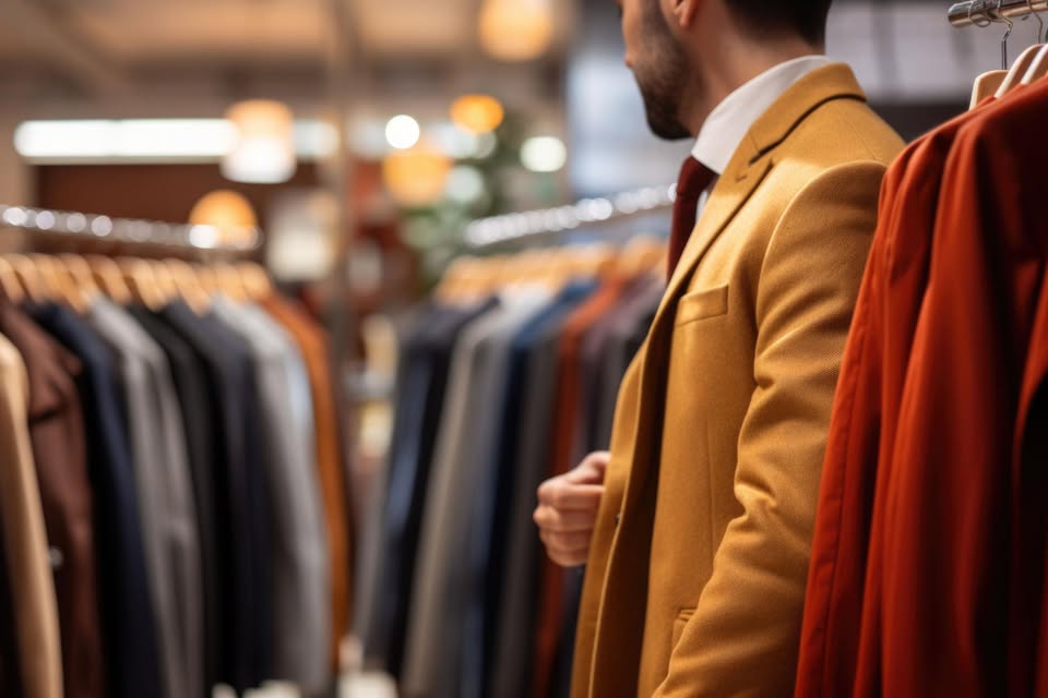 Uomo con cappotto color senape e cravatta bordeaux tra appendiabiti di giacche scure e arancioni in un negozio luminoso